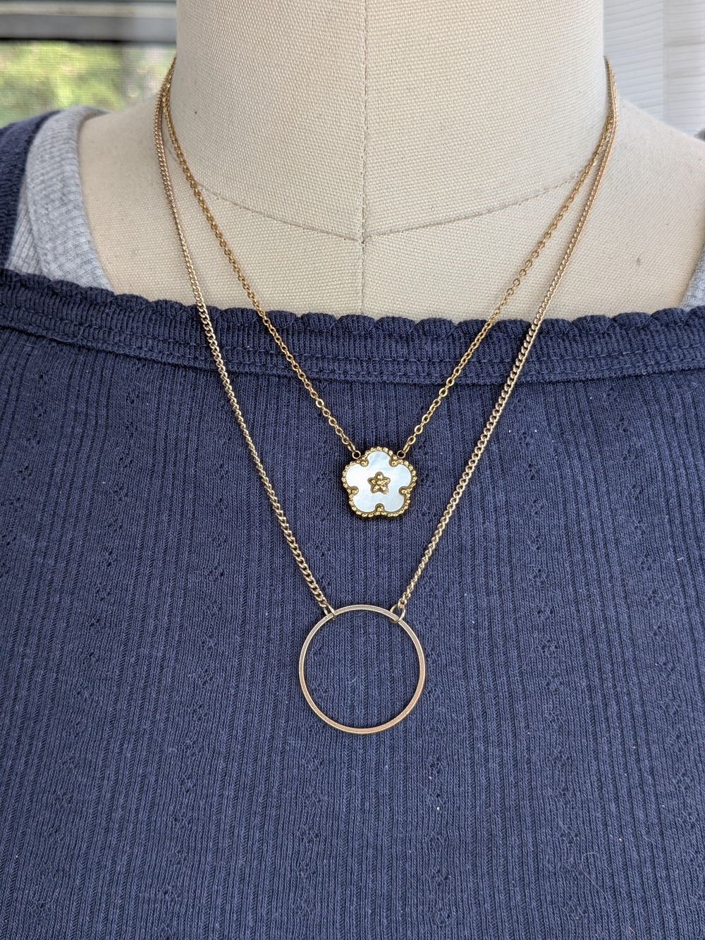 Lot of 2 Gold-Tone Necklaces: MOP Flower Pendant & Open Circle Drop